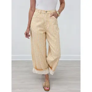 Gingham Rolled Up Barrel Printed Jeans