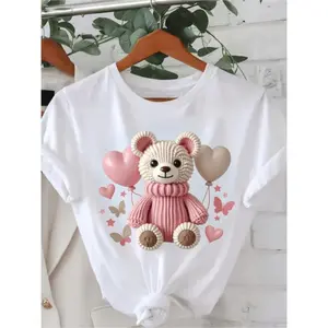 Women's Soft T-Shirt with Adorable Teddy Bear & Balloon Print – Short Sleeve, Casual Round Neck Top, Lightweight & Stretchy for Casual Attire, Casual Daily Wear | Girly Casual Style | Comfortable Fit