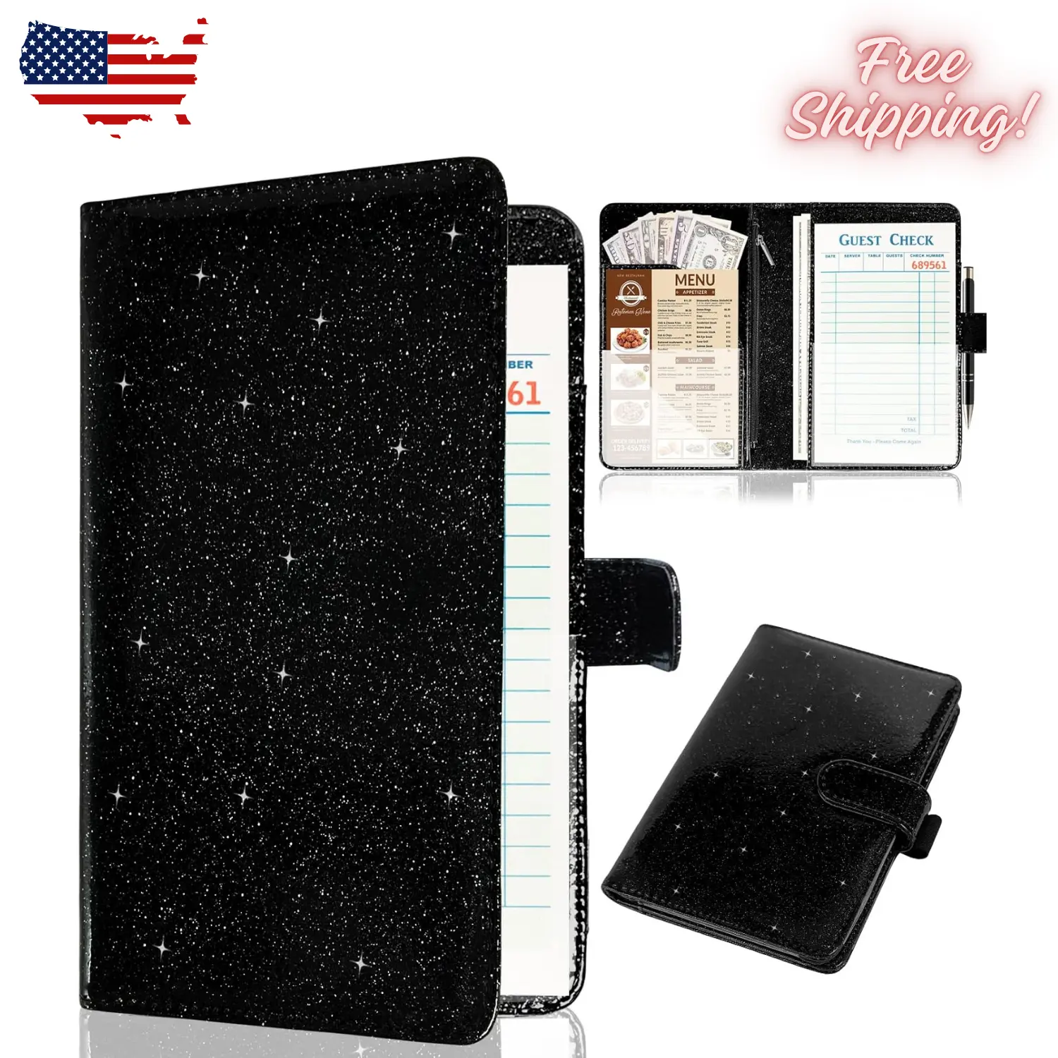 Server Book for Waitress,Leather Waiter Book Organizer Black