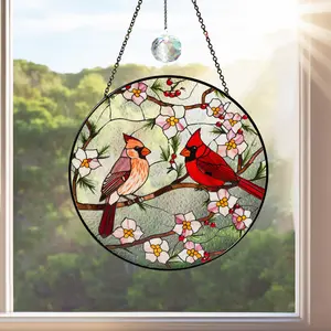 Stained Glass Red Cardinal Memorial Gifts for Women, Stained Glass Window Hanging, Red Cardinal on Branch Ornament Suncatcher, Handmade Bird Decor Gift for Mom, Bird Lover