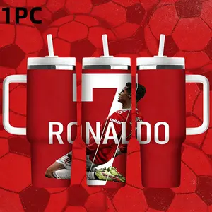 1pc 40oz Manchester United Cr7  Insulated Stainless Steel Water Bottle, Dual Style Fan Gear Car Straw Cup with Handle & Straw
