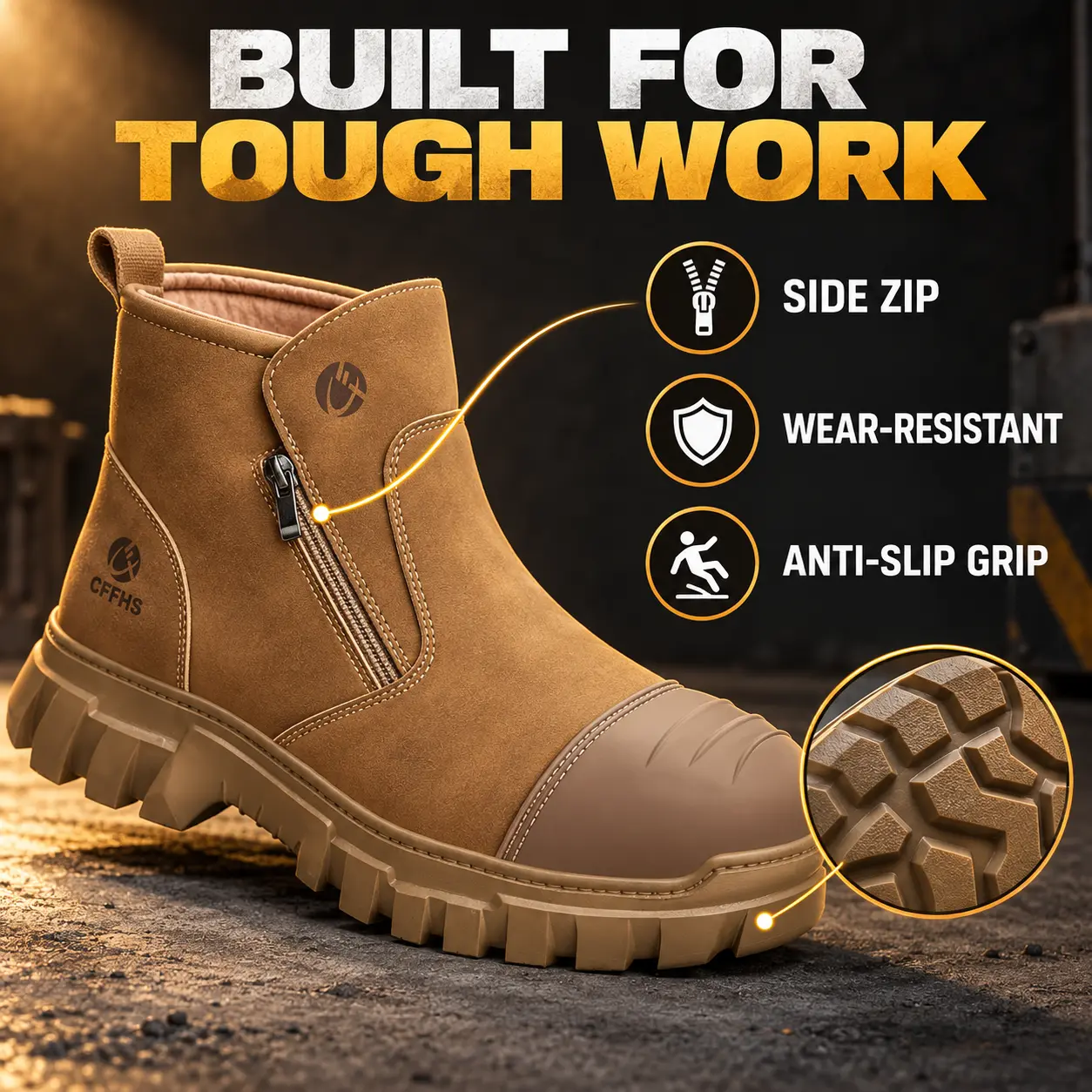 High-top work safety boots with impact and puncture protection, rubber reinforced toe cap, EVA non-slip, wear-resistant sole, zipper design