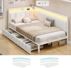 SIKAIC Corner Daybed with Storage Drawers, Upholstered Bed Frame with LED Lights & Charging Station, Beige Space-Saving Bedroom Furniture