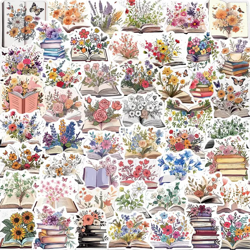 Flower & Book Pattern, 50pcs/set Waterproof Self Adhesive Decor Paper, Floral Pattern Sticker, Decor Sticker for Gift Greeting Card Water Bottle Laptop Phone, Ornaments, Decorative Stickers, Sticker Packs
