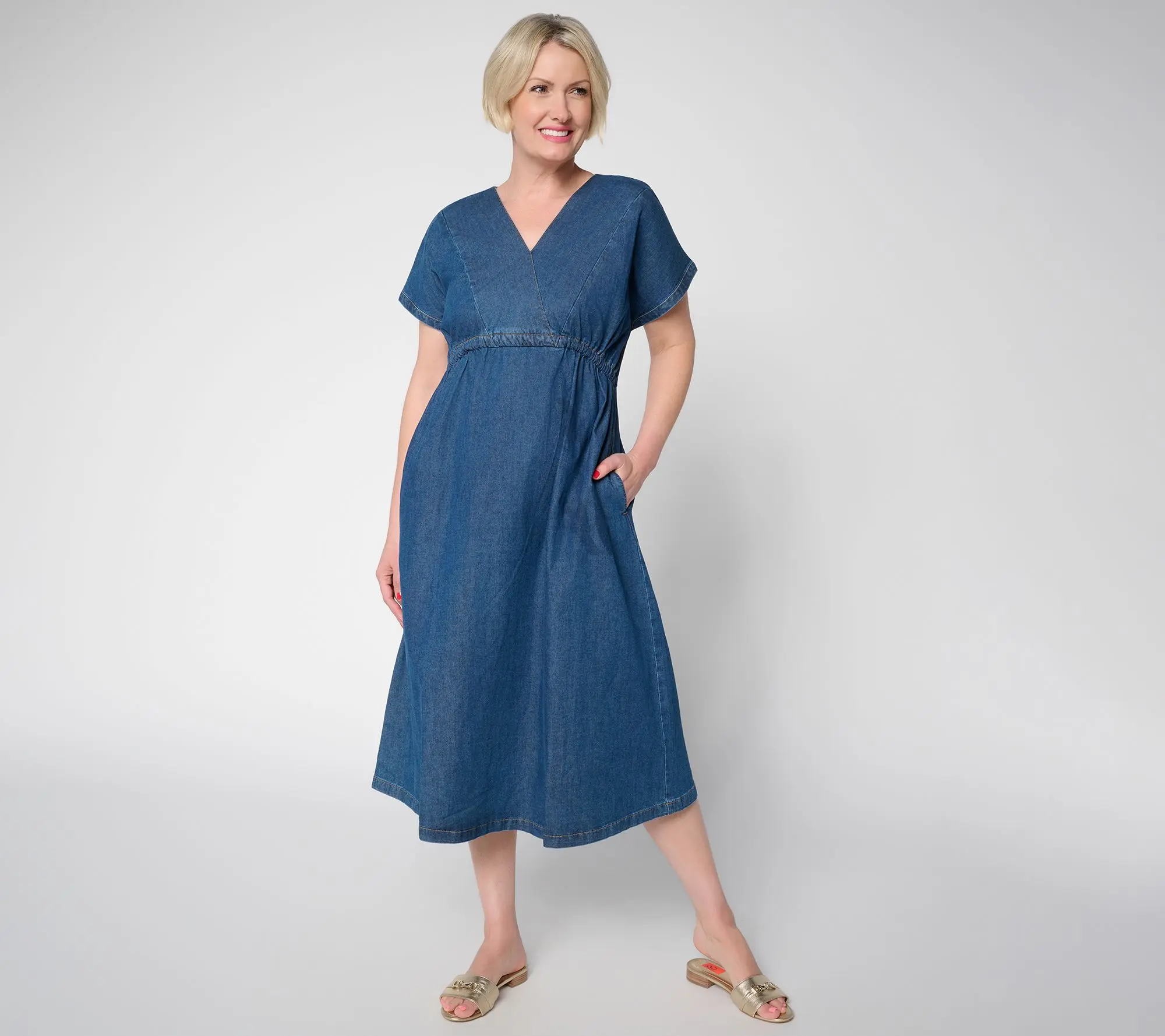 Martha Stewart Petite Signature Denim V-Neck Dress w/ Tie Waist