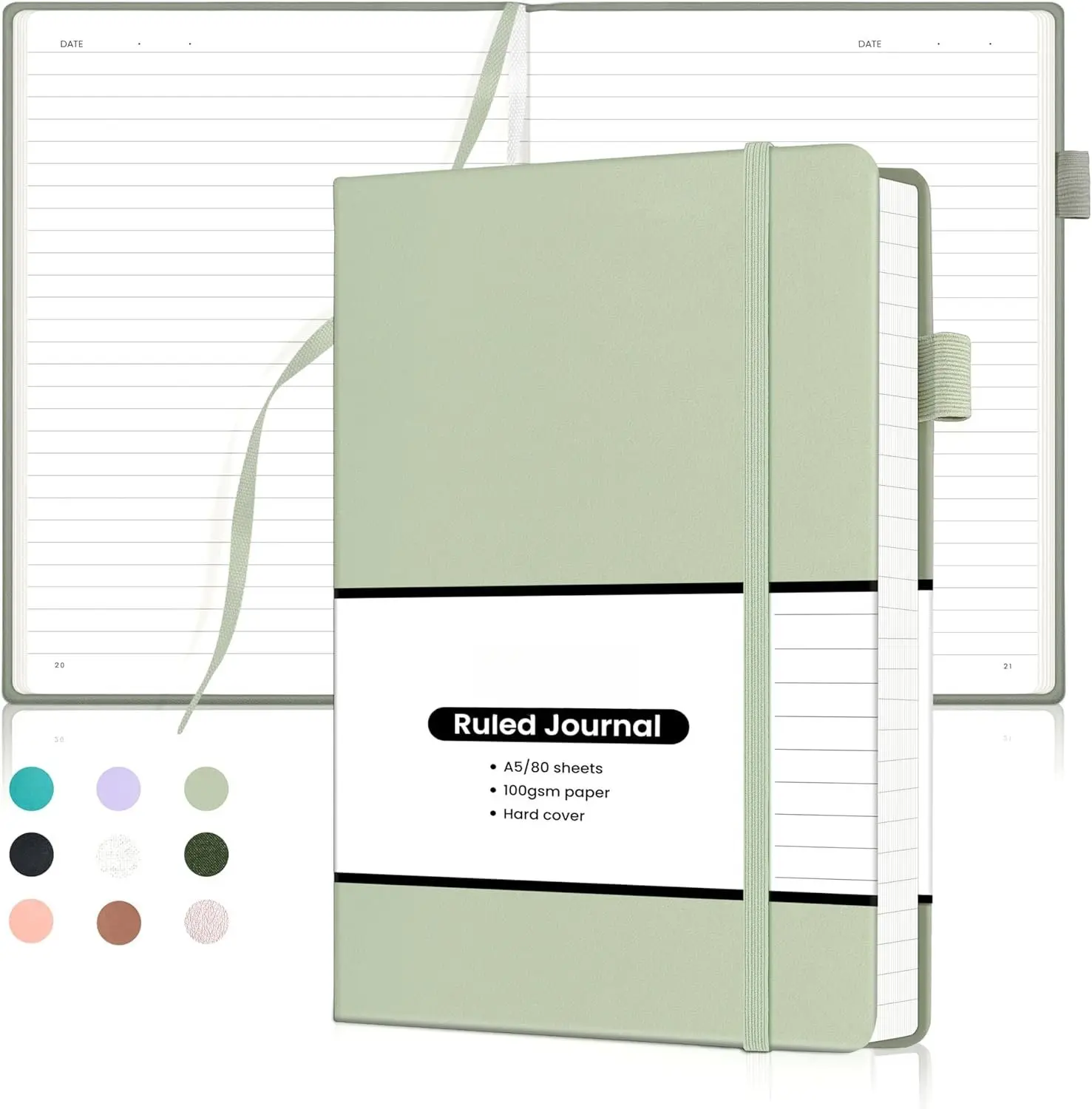 Hardcover Leather Lined Journal Notebook for Women & Men, 5.5"x8.25" Medium Size, 160 Numbered 100 GSM Thick Writing Paper, Grey Green, with Elastic Band, Expandable Inner Pocket, Pen Loop, Ribbon Page Markers