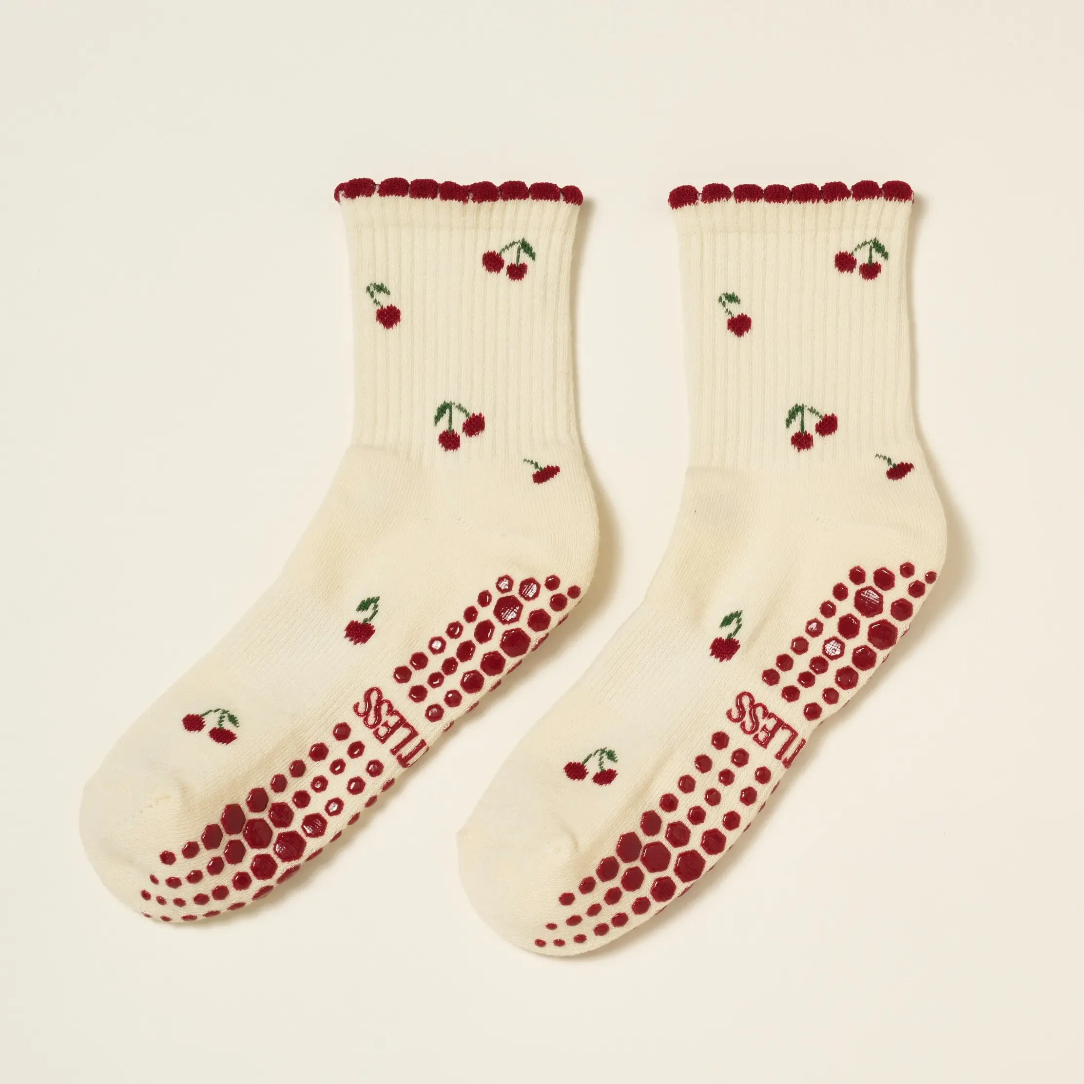 Shapes Studio Effortless Club Crew Half Calf Grip Socks, Cutest Fruits Pilates Socks, Non-Slip Socks, Barre Yoga Fitness, Little Cherry