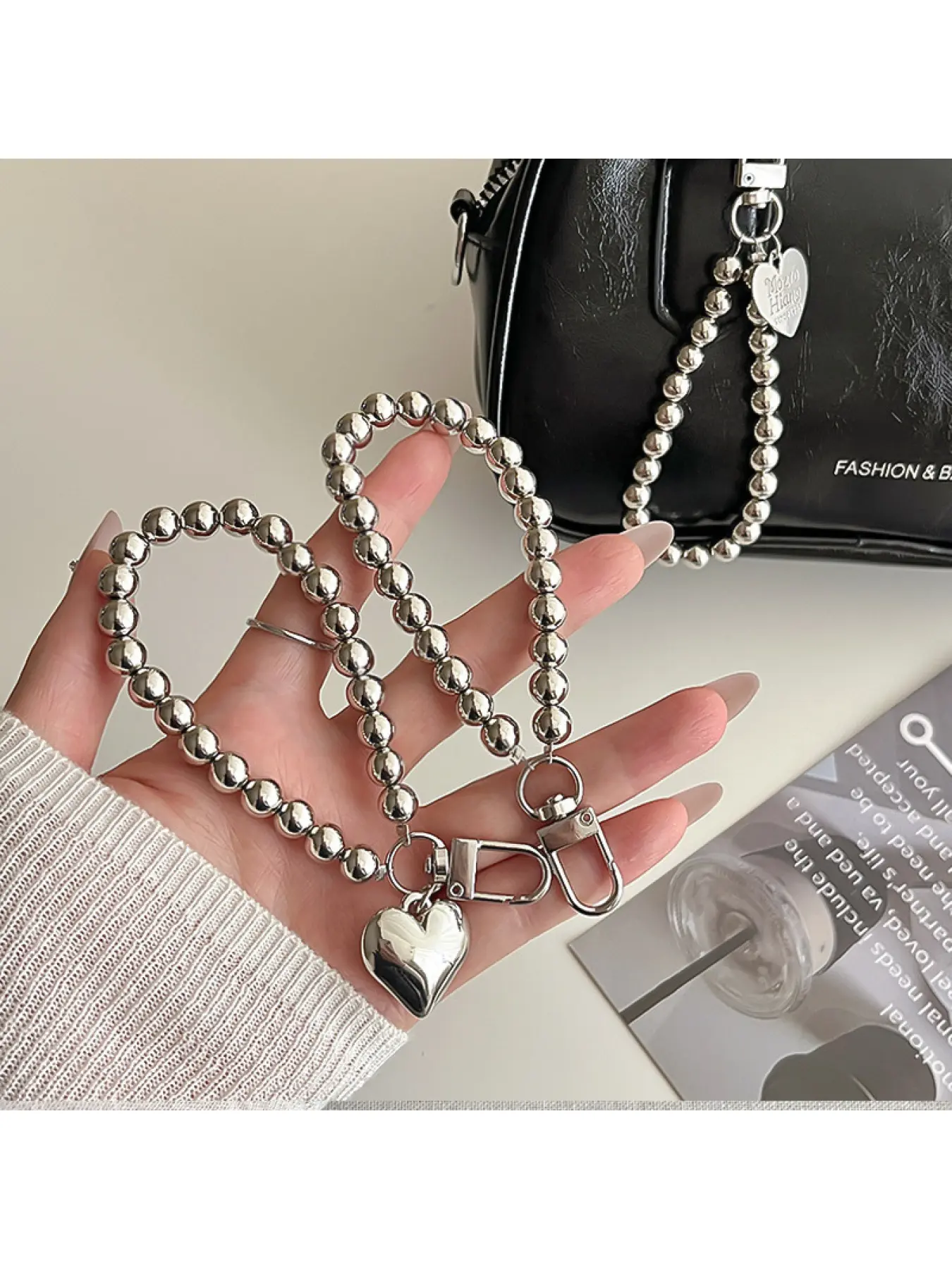 2026 New Creative Ins Style Accessory, 8mm CCB Bead Electroplated Silver Lanyard with Heart Pendant, Universal Decor for Phone Case & Handbag