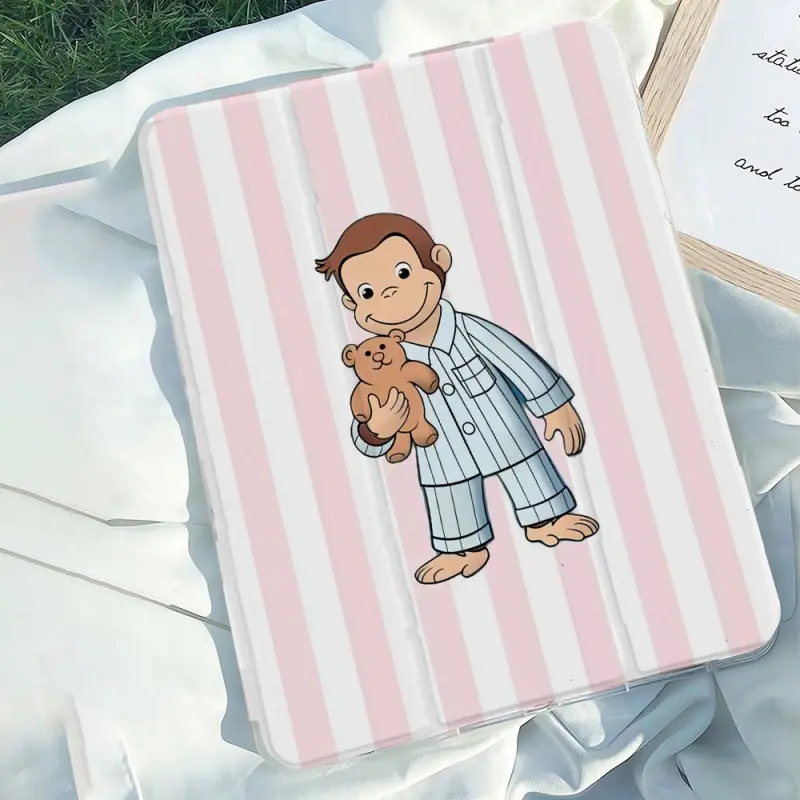 Pink and White Striped Monkey Design Tablet Case with Adjustable Stand, Pen Slot, Foldable Non-Slip TPU Protection for Samsung, iPad Mini, Air, Pro 10th-11th Gen - Tablet Accessories, Covers, Folding, Monkey Cute Style, Playful Monkey Art