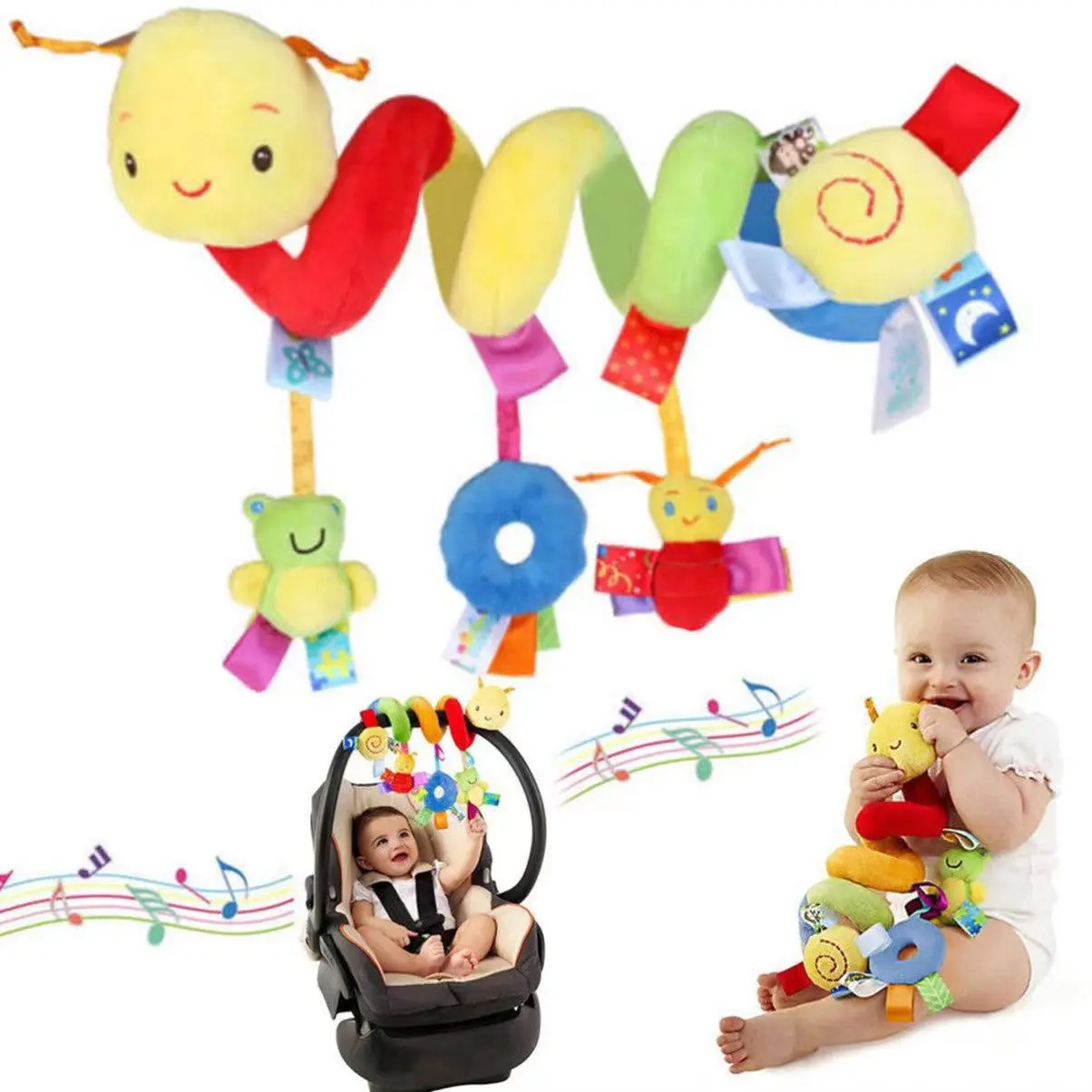 Spiral Car Seat Toys Baby Sensory Soft Plush Hanging Toys for 0-12 Months Stroller Crib Accessories, Essentials for Expecting Moms & Baby Shower Registry Gift