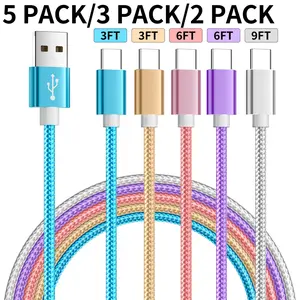 USB C Nylon Fast Charging Cable Type C Charging [2-Pack, 3-Pack, 5-Pack], for Home and Travel, Durable and  for Samsung, Redmi, Tablets, Laptops [3FT/3FT/6FT/6FT/9FT]