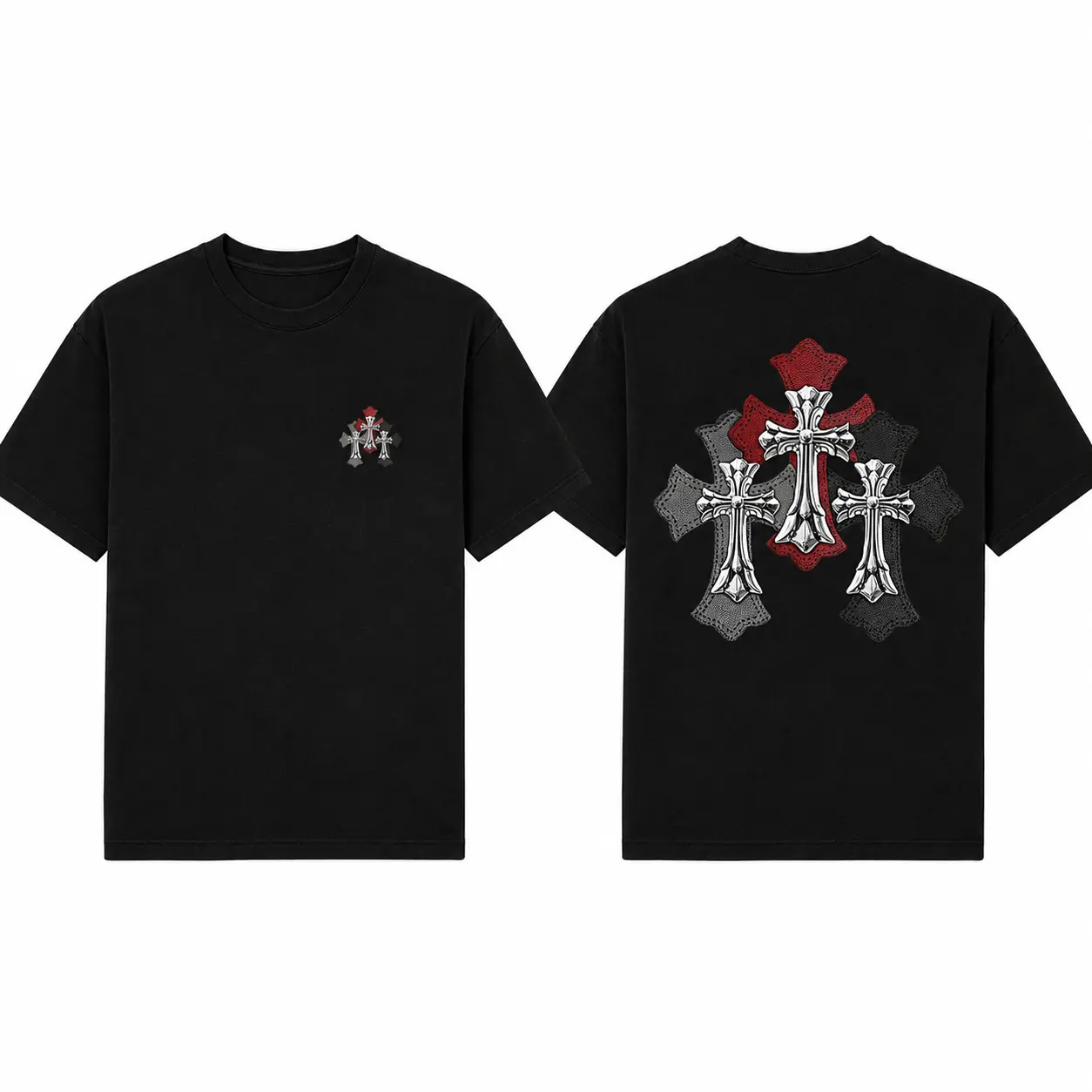 CHROME HEART Triple Cross Graphic T-Shirt, Gothic Cross Front and Back Print, Vintage Streetwear Tee