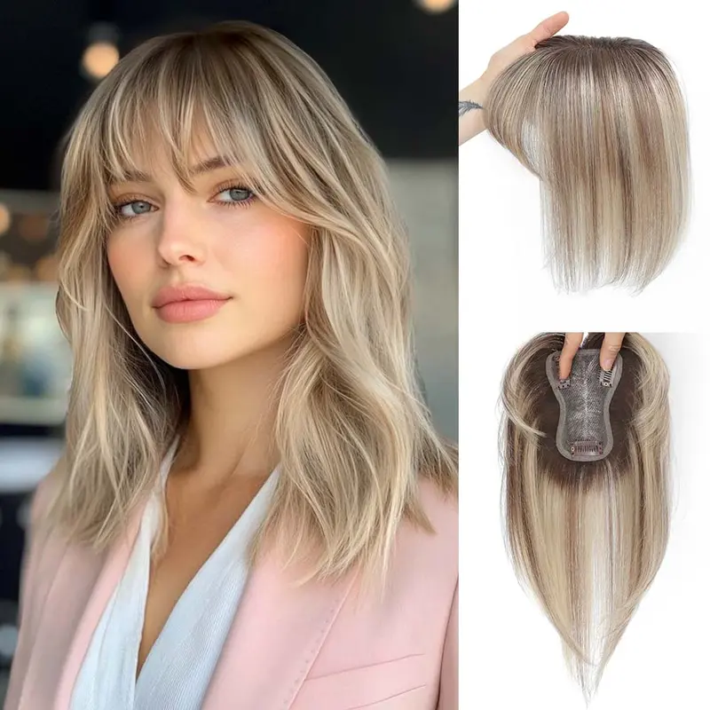 Women's 10 inch Authentic Human Hair Topper for Adults, 30G Light-Density, Glueless Clip-On Anti-Slip, Natural Straight, Breathable 3×4.5 Inch Swiss Lace Base, With Bangs for Daily Gray Hair Coverage