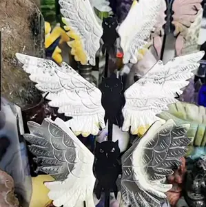 Owl Wings with Stand in Banded Orange Dendritic Agate. Happiness Stone Natural Crystal Decor Metal Ornaments