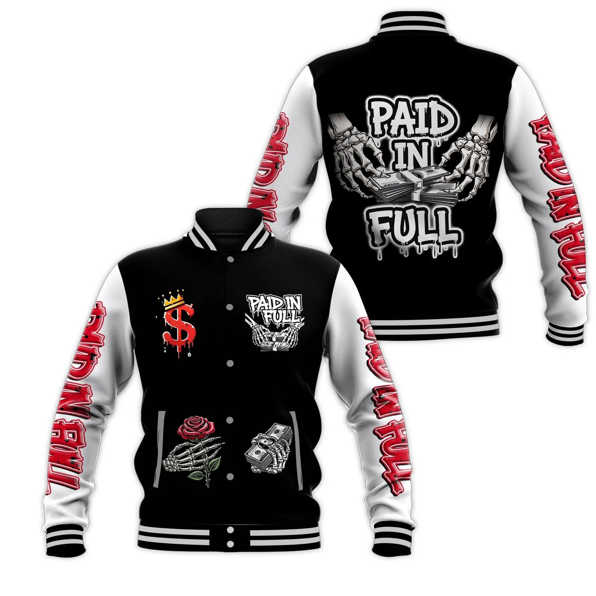 Skeleton Hands Holding Money Stack Paid In Full Crown Dollar Sign Red Rose Graphic Loose Oversized Casual Baseball Jacket Button Up Athletic Coat Spring Fall Winter Outerwear Gift