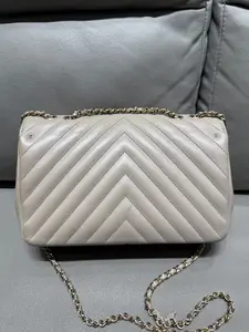 Pre-owned CHANEL Medium Statement Flap in Iridescent Beige Grained Calfskin