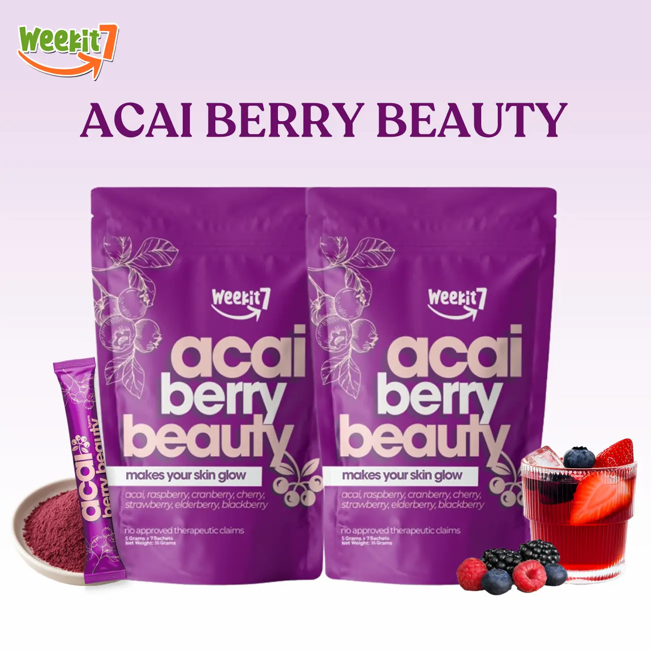 Weekit7 Acai Berry Cleanse Organic Acai Berry Powder,Superfood Acai Berries Purple Powder Edible Dietary Supplement Fitness. Non-GMO No Preservatives Beverage Mixed