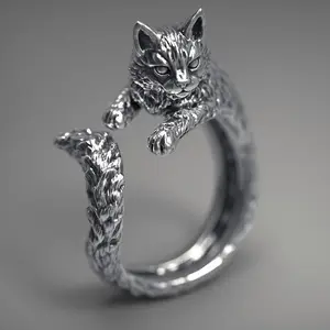 Retro Dark Cat Kitty Ring For Men Women Gothic Silver Color Adjustable Ring Pet Handmade Jewelry Accessories Unisex Lovers