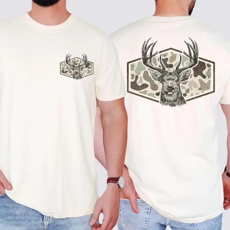 Men's T-Shirt, Retro Deer Hunting Graphic Tee in Soft Cotton Fabric, Casual Fit Shortsleeve Round Neck Top, Seamless, Casual Regular Fit, Streetwear