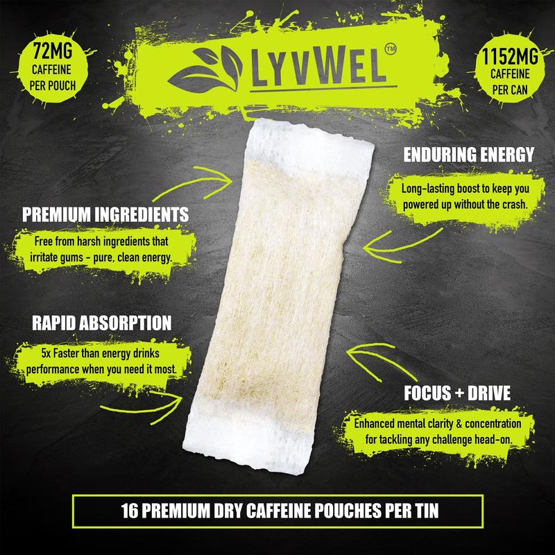 LyvWel 72mg Caffeine Pouches 5-pack Variety or solid flavors 1152mg per can Lip pillows No Sugar, Energy Decky Boost Upper Decker blueberry ice, Pineapple, Cherry, Red gummy bear, Watermelon, Peach tea, Spearmint, Wintergreen, Mango crush, Pink lemonade