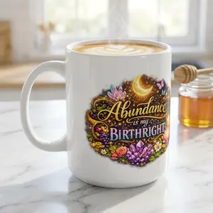 'Abundance is my Birthright' Moon Crystals Floral Ceramic Mug (11oz, 15oz)