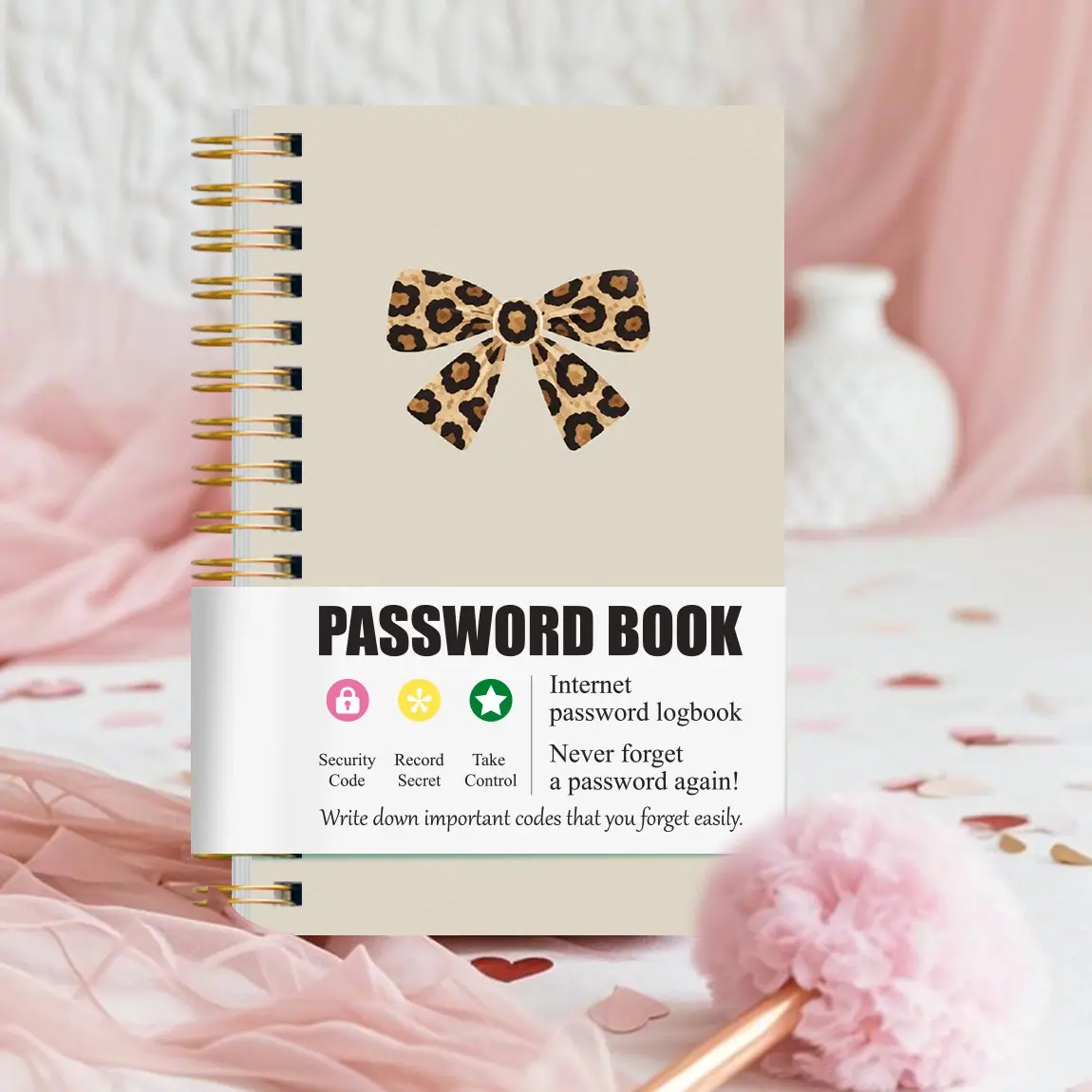 A6 Password Journal, Portable Dual Coil Account Password Manager Aesthetic Notebook, Leopard Print Bow Contact Book, Birthday Reminder, Emergency Contacts, Multifunctional Stationery