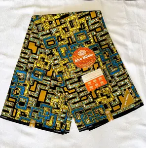 Premium Ankara/Kitenge Fabric – Geometric Blue, Yellow & Black African Wax Print, 6 Yards Authentic Cotton