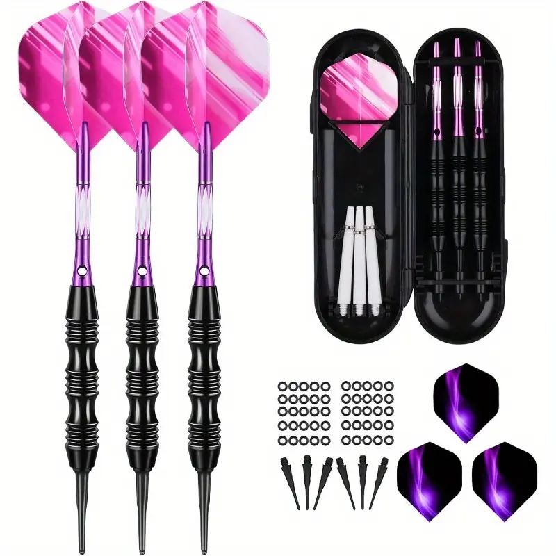 3pcs/set Soft Darts Set with 30 plastic tip for electronic dartboard, 50 Anti-Loose Rubber Rings 6 Flights Darts Tips, Darts Gear