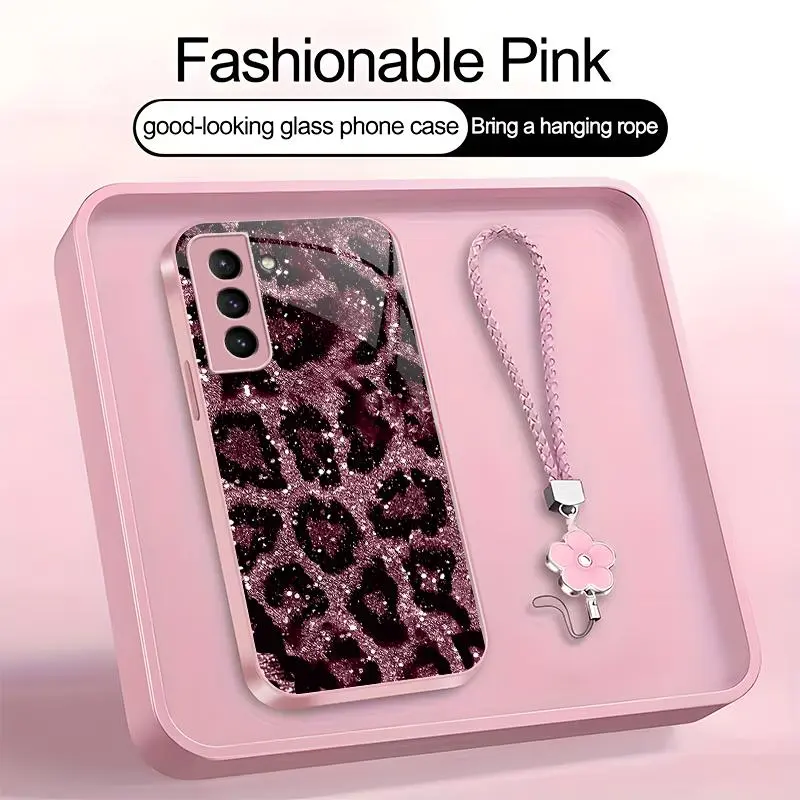 Suitable for [Galaxy S21 Fe 5g] high-end women's phone case，a beautiful four-leaf clover lanyard is included🥰,simple yet sophisticated leopard print design, affordable price, available in multiple colors YM99