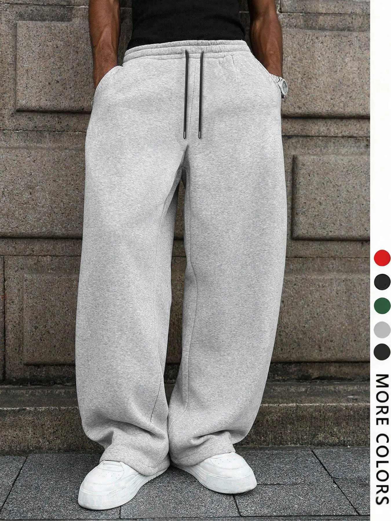 Men's Loose Baggy Grey Casual Long Pants, Drawstring Waist Elastic Straight Leg, Comfortable Daily Wear, Suitable for All Seasons, Sporty Style