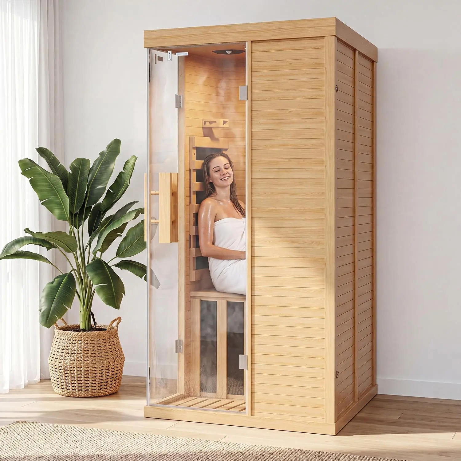 Infrared Sauna for Home, Sauna Spa Room Canadian Hemlock Wood with 10-Color Light , Bluetooth Speakers, Tempered Glass & Control Panel - 149℉ Heating, Indoor Dry & Steam Sauna – 33.5" x 33.5" x 67"