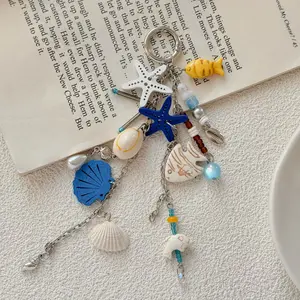 1PC New Starfish Keychain, Ocean Style Multi-Charm Keychain, Starfish Shell Fish-Shaped Beaded Combination, Full of Atmosphere, Versatile And Practical, Niche High-End Vacation Style Bag Charm, Ocean Series Ornaments, party decoration，party gift