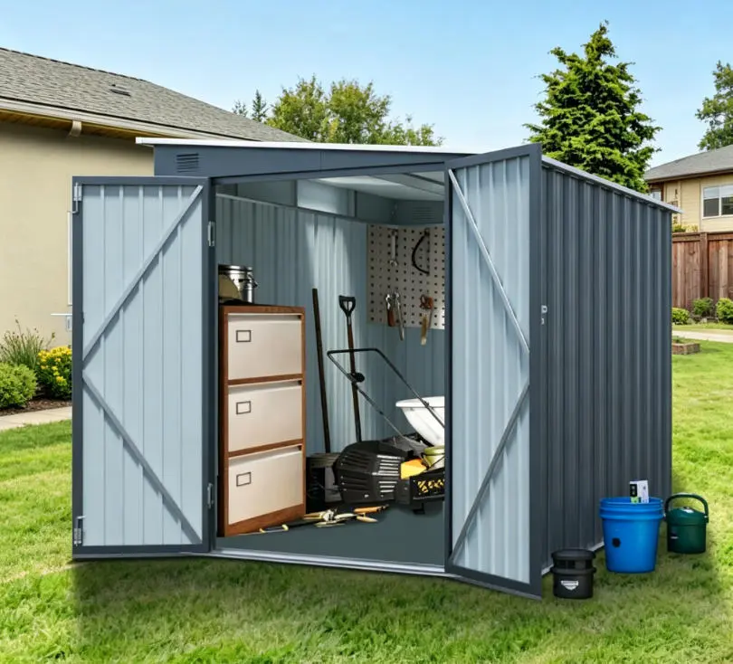 Galvanized Steel Outdoor Storage Shed (6x8FT, No Floor) - Lockable Double Doors, Metal Lean-To Shed with Free PC Light Board for Tools, Bikes