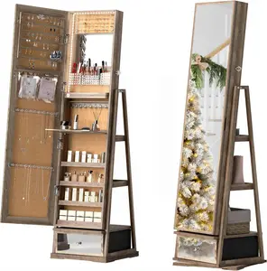 360° Rotating Jewelry Cabinet, Frameless Full-Length Mirror, Large Capacity Dimmable Light Jewelry Storage, Built-in Makeup Mirror, 3 Rear Shelves