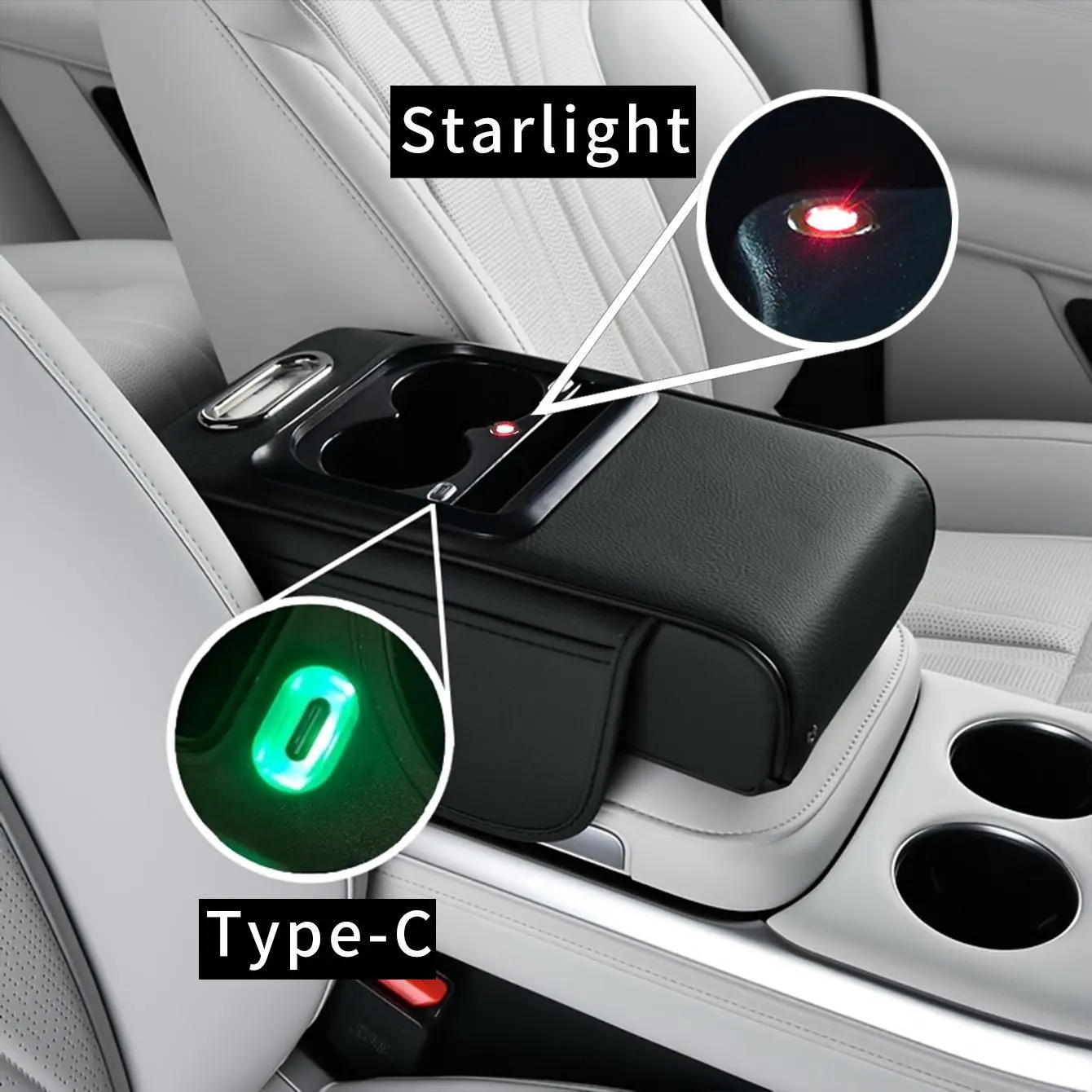 Multi-Use Car Armrest Cover - Leather-Like Car Interior Stowing Organizer with Starlight Lamp, 2 Type-C Ports, Expandable Storage Box, Cup Holder, Phone Slot for Long Drives