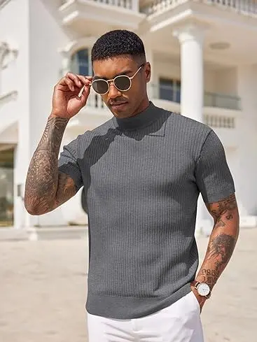 COOFANDY Men's Mock Turtleneck Sweater Short Sleeve Casual Basic Tops Ribbed Knit Pullover Solid Tee