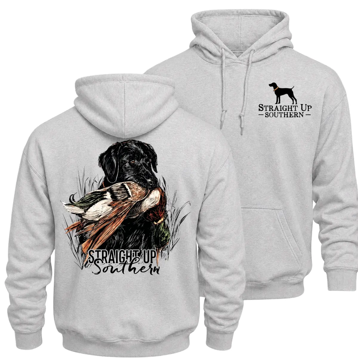 Straight Up Southern Duck Hunting Hoodie, Black Labrador and Mallard Duck Graphic Pullover, Front Chest Logo and Large Back Print Waterfowl Hunter Hoodie, Southern Outdoor Hunting Gift for Men and Women