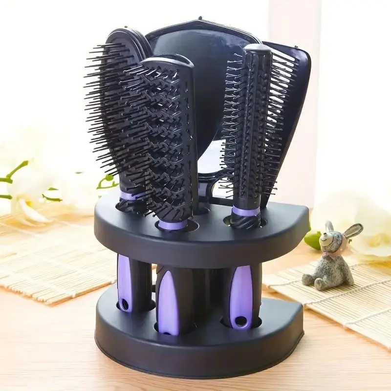 Professional 5-Piece Hair Comb & Brush Set with Mirror and Stand, Heat-Free Salon Hair Styling Tools with PP Bristles, Unisex Beauty & Personal Care Accessory, Purple