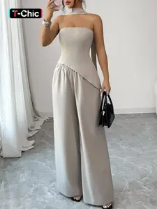 Design Sensational Pure Color Irregular Hem Halter Top Set with Draped Belt & Long Pants, Casual Two-Piece for Women