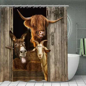 1/3/4pcs Sheep Cow Donkey Bath Curtain, 71x71 Inches, Includes Background Pattern, Comes with 12 Hooks, Farm Animal Bathroom Decor, Shower Curtain Set