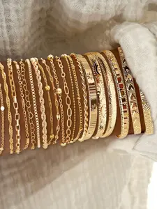 Women's Handmade Stackable Bracelet Set, Geometric Heart Lock Chain Design, Round Beads Sun Face Embossed Texture, Metal Feel, Perfect Gift