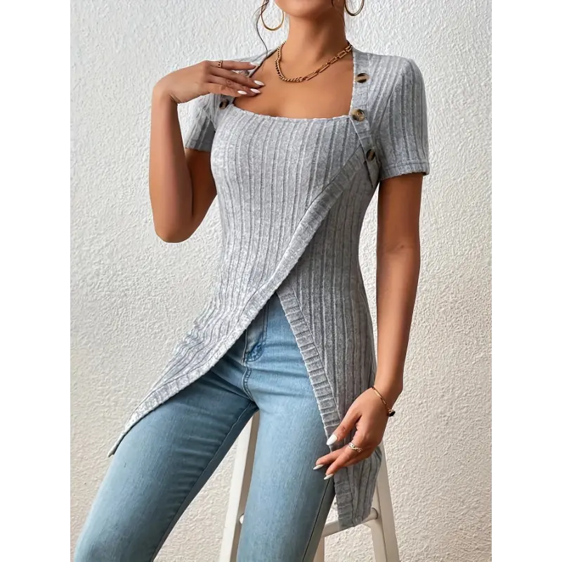 Regular Length Scoop Neck Ribbed Button Detail Asymmetrical Top Casual Short Sleeve Top for Spring & Summer  Shirts Grey Womenswear Minimalist Short Basic Comfort Womenswear