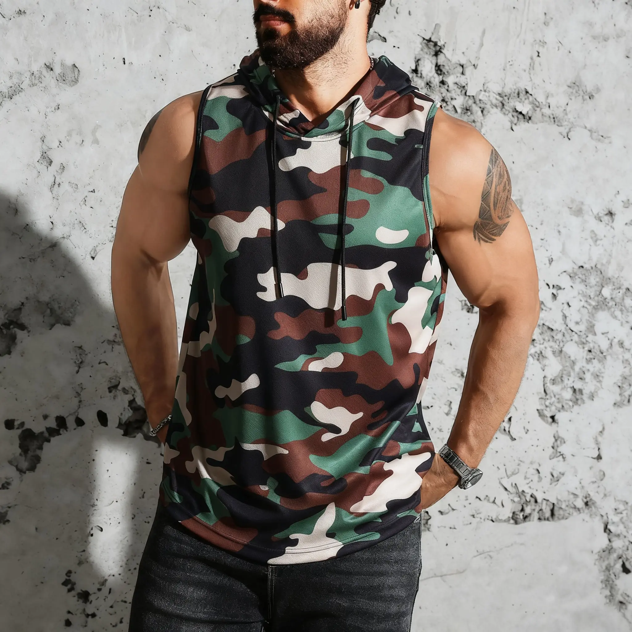 Men's Street Casual Hooded Vest Top with Camouflage Print, Comfortable Streetwear for Fashion Looks, Tops, Menswear, Sleeveless, Durable Drawstring, Drawstring Hem, Street Style, Hooded Vest, Easy Layering, Fitted Cut, Standout In Crowds, Urban Camo Vibe