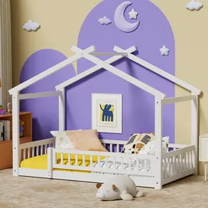 NEKODO Twin/Full/Queen Size House Bed with Fence, Wooden Montessori Bed with Slats Support, Floor Bed Frame for Boys Girls Bedroom,white,grey,mist blue,natural