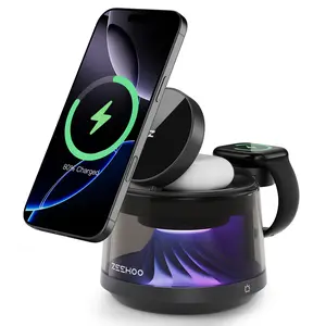 4-in-1 Magnetic Wireless Charging Station with Coloerful Night Light, Fast Charging Dock for iPhone 12-16 Series, Apple Watch & AirPods, Adjustable Angle Stand for Desk & Bedside Folding Multi-Device sanity charger gadget finds Black Smartphone Cellphone