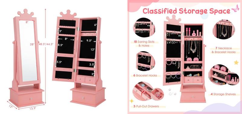 [Costway]-  Kids Jewelry Armoire Cabinet, Wooden Standing Jewelry Organizer with Full-length Mirror and Storage Drawers, gifts birthday,Christmas Festival Gift Black Friday Cyber Monday