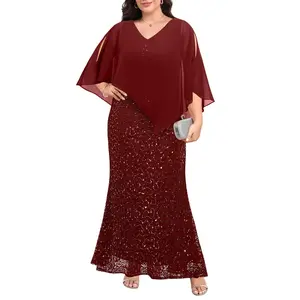 Plus Size Formal Dress - Evening Sequin Lace Long Mermaid Prom Dress with Chiffon Overlay Cape  SwimWeek  summervibes