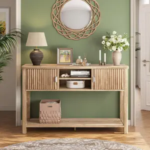 RaybeeFurniture Fluted Console Table- Modern Entryway Table with Cabinet and 3-Tier Shelves for Storage, Narrow Behind Couch Table for Hallway, 45.7" W×13.8" D×33.5" H