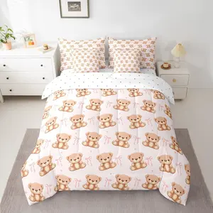 Feelyou 7-Piece Pink Bowknot Bear Comforter Set - Princess-Themed Bedroom Bedding Set with Soft Comforter, Sheets, Pillowcases & Cushion Covers, Soft Bedding Sets