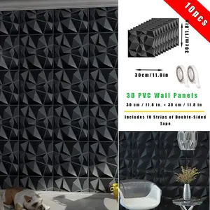 10Pcs Black Diamond 3D Wall Panels, 30.48×30.48cm PVC Textured Self Adhesive Wall Tiles, Luxury Indoor Decor Wall Stickers for Living Room Bedroom Hotel Office Home Decoration